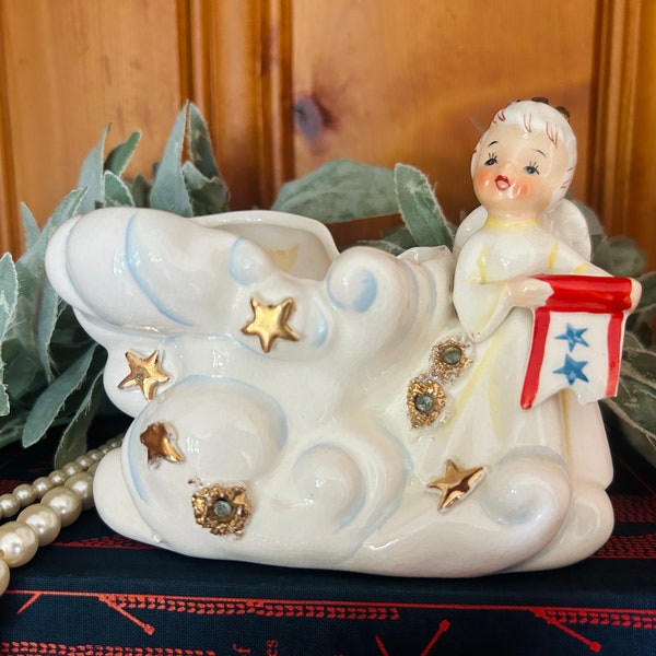 Vintage Geo Z Lefton July Angel on Cloud Planter, Lefton Independence Day Rhinestone Angel with Stars, Lefton Angel of the Month July 165