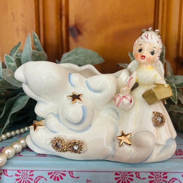 Vintage Geo Z Lefton August Angel on Cloud Planter, Lefton Picnic Rhinestone Angel with Stars, Lefton Angel of the Month August 165