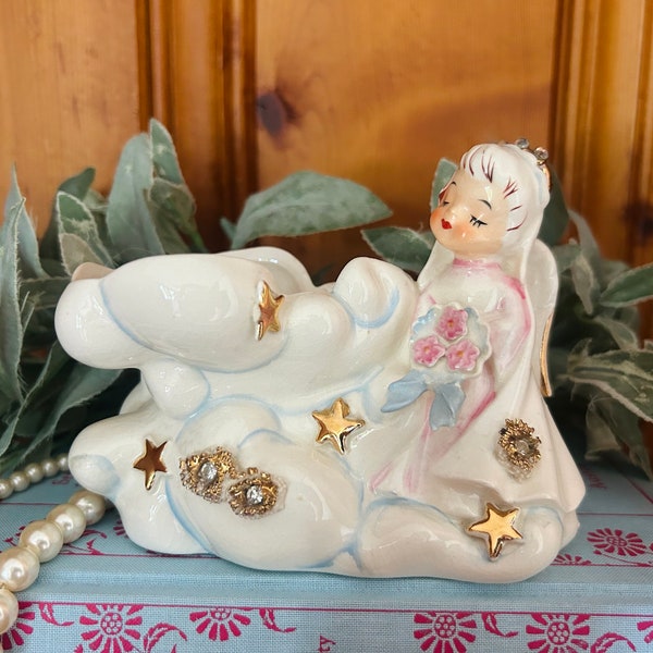 Vintage Geo Z Lefton June Angel on Cloud Planter, Lefton Wedding Bride Rhinestone Angel with Stars, Lefton Angel of the Month June 165