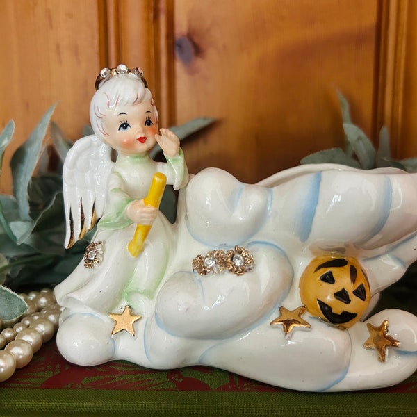 Vintage Geo Z Lefton October Angel on Cloud Planter, Lefton Halloween Rhinestone Angel with Stars, Lefton Angel of the Month October 165