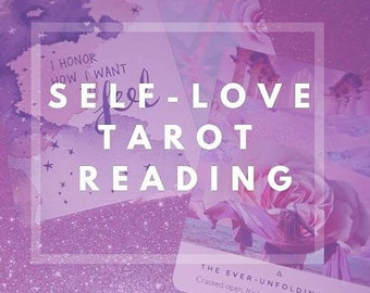 Puede incluir: Una lectura de tarot con cartas moradas y blancas con el texto "Honro cómo quiero sentirme" y "Lectura de tarot del amor propio". La carta presenta un diseño de acuarela con una rosa rosa y el texto "La rosa que siempre se despliega. Abierta. Está sucediendo para ti, no para ti."