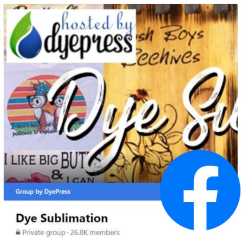 K&ouml;nnte beinhalten: Ein Facebook-Gruppenlogo mit dem Text "Dye Sublimation" und einem blauen Facebook-Symbol. Die Gruppe hat 26,8&nbsp;000 Mitglieder und wird von DyePress gehostet.