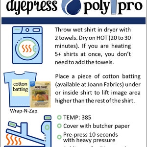 May include: A diagram showing how to use a heat press to sublimate a design onto a t-shirt. The steps include drying the shirt in a dryer with towels, placing cotton batting under the shirt, covering the shirt with butcher paper, pre-pressing for 10 seconds, and sublimating for 70 seconds. The temperature should be set to 385 degrees Fahrenheit.