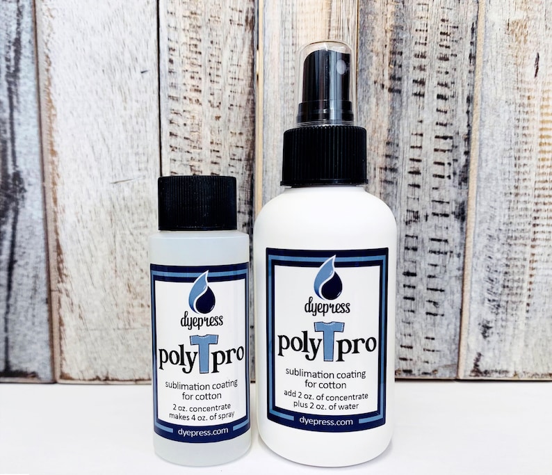 May include: Two bottles of dye press poly pro sublimation coating for cotton. The smaller bottle is 2 oz. concentrate and makes 4 oz. of spray. The larger bottle is 2 oz. concentrate plus 2 oz. of water. Both bottles have a blue and white label with the company logo and website address.