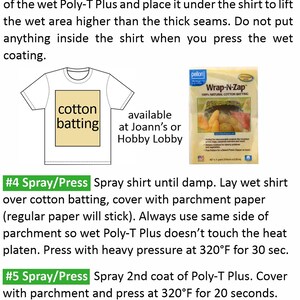 May include: Instructions for using Poly-T Plus fabric dye. The instructions include mixing ratios, preheating, cutting, spraying, and pressing techniques. The image also shows a package of cotton batting and a QR code for more information.