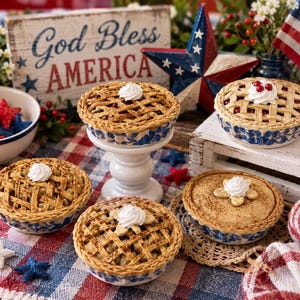 May include: Five miniature pies in blue and white patterned ceramic dishes, each topped with a dollop of white whipped cream. The pies feature lattice crusts or solid tops, arranged on a red, white, and blue plaid fabric surface.