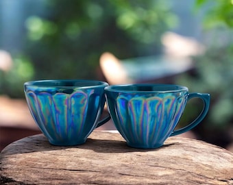 Anthropologie Luster Ware Latte Mugs, Irridescent Blue, Set of 2