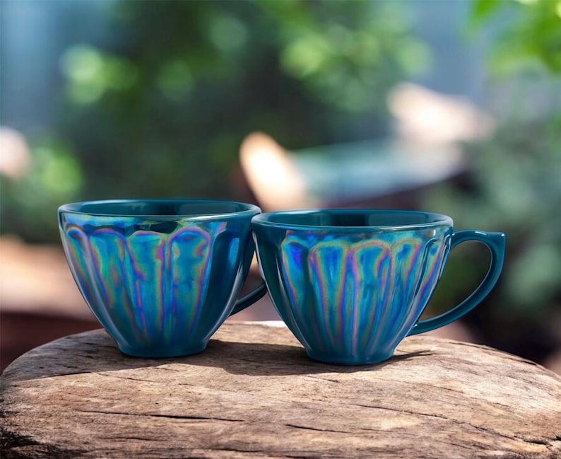 Anthropologie Luster Ware Latte Mugs, Irridescent Blue, Set of 2 image 1