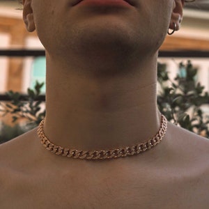 Mens Chain Necklace, 8mm Cuban Link Chain, Choker Necklace, Gold Plated Choker,Personalized Necklace, Size, Color and choice of Stones.