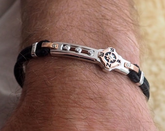 Bijoux homme fait main, bracelet en argent avec boussole, bracelet corde nautique avec boussole et pierres naturelles, bracelet personnalisé, cadeau homme