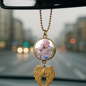 In Memory Angel Wings Car Hanging Ornament | Custom Picture Memorial Charm | Personalized Sympathy Gift for Rear View Mirror