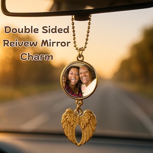 In Memory Angel Wings Car Hanging Ornament | Custom Picture Memorial Charm | Personalized Sympathy Gift for Rear View Mirror