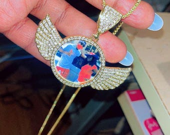 Gold Photo Pendant Necklace: Custom Angel Wings Hip Hop Jewelry