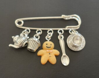 TIME FOR TEA  inspired Kilt Pin Brooch Scarf pin 5 bakiing charms lovely present in gift bag