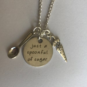 MARY POPPINS just s spoonful of sugar girls charm pendant necklace 16&quot; 18&quot; Silver Plated Chain Christmas Stocking Filler Gift bag