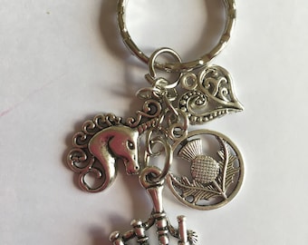 I LOVE SCOTLAND  Inspired Key Ring Bag Bagpipe, Thistle & Unicorn Charms Great Present in gift bag
