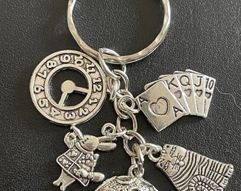 ALLICE IN WONDERLAND Inspired Key Ring Bag Charm 5 Tibetan Silver Charm Great Present in gift bag