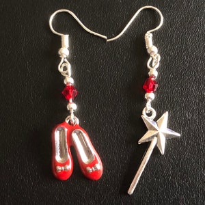 WIZARD OF OZ Mismatched Drop Earrings. Red Shoes & Wand  Tibetan Silver in gift bag