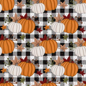 May include: A repeating pattern of orange and white pumpkins, autumn leaves, and sprigs of greenery set against a black and white chequered backdrop. The pumpkins are shaded, and the leaves are in brown, red, and green hues.