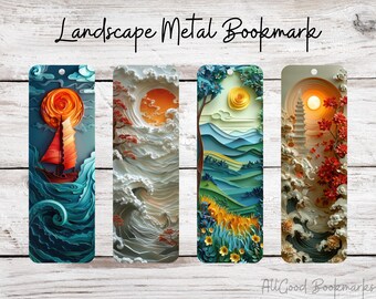 Metal Landscape Bookmark | Scenic Nature Bookmark | Ocean Wave Bookmark | Mountain Sunset Bookmark | Artistic Metal Bookmark for Book Lovers