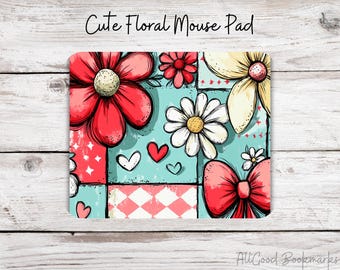 Cute Floral Mouse Pad, Coquette Desk Decor, Pink Bow Mousepad, Girly Office Accessories, Cottagecore Desk Mat