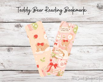 Metal Teddy Bear Reading Bookmark | Cute Bear Bookmark | Strawberry Bear Bookmark | Cozy Book Lover Gift | Kawaii Metal Bookmark
