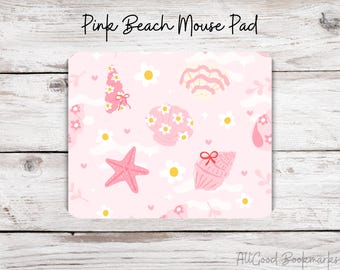 Pink Beach Mouse Pad | Coastal Desk Decor | Seashell Starfish Mouse Pad | Cute Girly Desk Setup | Summer Aesthetic Mouse Pad Gift
