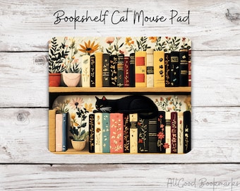 Bookshelf Cat Mouse Pad – Cozy Library Desk Mat, Book Lover Gift, Reading Aesthetic Office Decor, Black Cat Bookish Design
