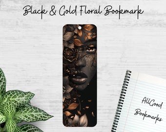 Metal Bookmark – Black Woman Art with Gold Floral Design | African American Gift for Readers, Book Lovers