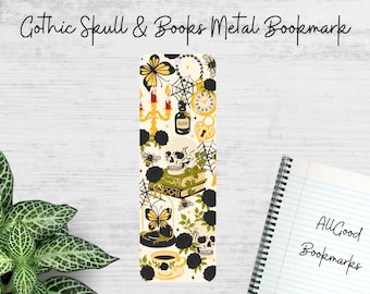 Spooky Gothic Skull Books Metal Bookmark – Dark Academia Halloween Gift
