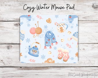 Cozy Winter Mouse Pad | Cute Desk Accessory | Hygge Office Decor | Knitting & Cocoa Mousepad | Gift for Book Lovers