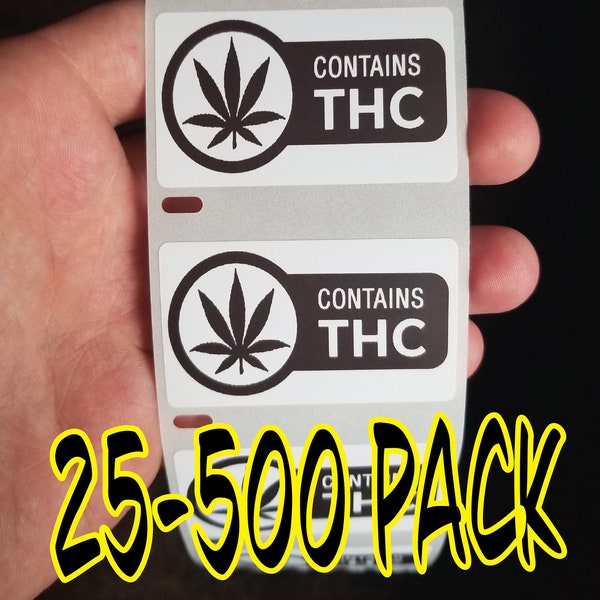 CONTAINS THC 25-500 Warning Labels Marijuana Stickers Gag Prank Cannabis weed
