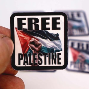 May include: A black and white patch with the words "FREE PALESTINE" in bold white letters. A raised fist is shown holding a Palestinian flag with red, white, and green colors.