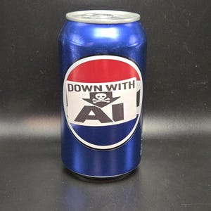 May include: A blue aluminium can with a white, red, and black label. The label reads "DOWN WITH AI" with a skull and crossbones symbol. The can is cylindrical and has a silver top.