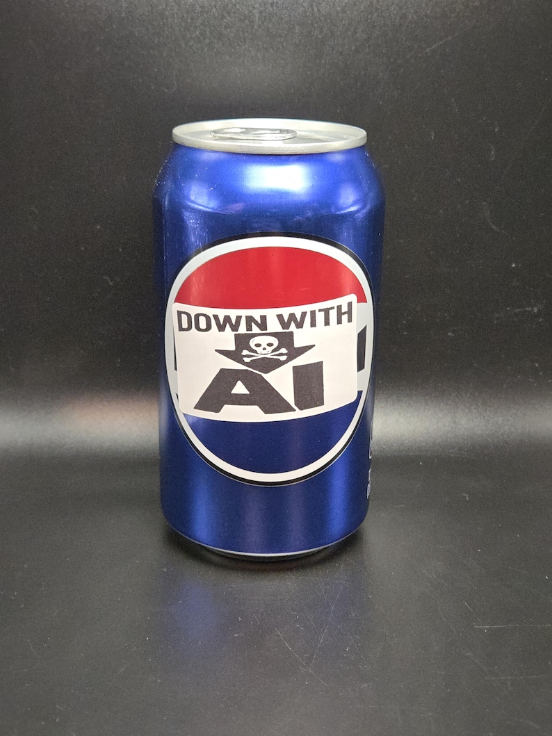 May include: A blue aluminium can with a white, red, and black label. The label reads "DOWN WITH AI" with a skull and crossbones symbol. The can is cylindrical and has a silver top.