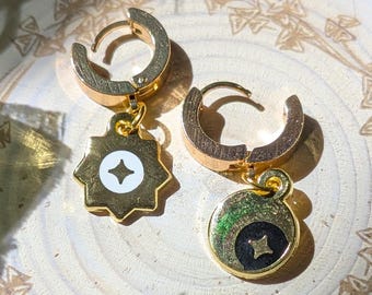 Sun Moon Charm Mismatched Enamel Huggie Earring Stainless Steel Cuffs