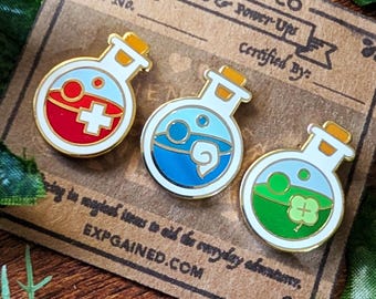 Potion Starter Bottle Pins [HP Health + MP Magic + Love/Luck/Poison] Hard Enamel Pins | RPG Gaming Magic Potion Set Lapel Pins