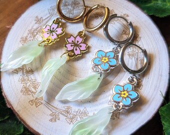 Cherry Blossom Sakura or Blue Forget Me Not Flower with Leaves Enamel Hanging Earrings