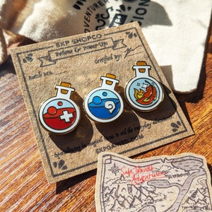 Potion Starter Bottle Pins [HP Health + MP Magic + Life/Love/Luck/Lightning ] Hard Enamel Pins | RPG Gaming Magic Potion Set Lapel Pins