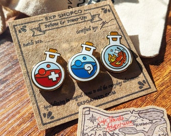 Potion Starter Bottle Pins [HP Health + MP Magic + Life/Love/Luck/Lightning ] Hard Enamel Pins | RPG Gaming Magic Potion Set Lapel Pins