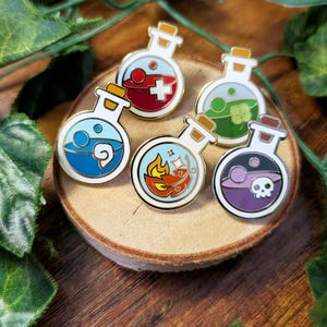 Potion Starter Bottle Individual Pins [HP Health | MP Magic | Life | Luck] Hard Enamel Pins | RPG Gaming Magic Potion Lapel Pins