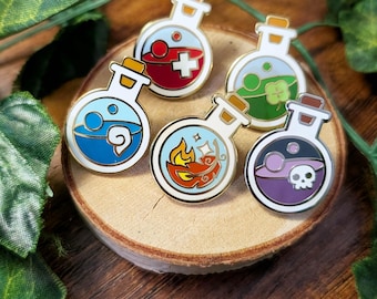 Potion Starter Bottle Individual Pins [HP Health | MP Magic | Life | Luck] Hard Enamel Pins | RPG Gaming Magic Potion Lapel Pins