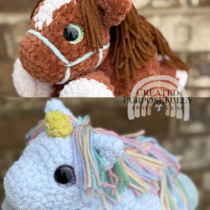 May include: Two plush toys: a brown horse with a white blaze and a blue unicorn. The horse has a brown mane and a light blue bridle. The unicorn has a yellow horn and a rainbow mane. Both have glittery eyes.