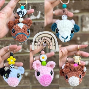 5 in 1 No Sew Farm Friends Keychain Pack Crochet Pattern, Goat, Pig, Cow, Highland Cow, Horse Crochet Pattern Keychains