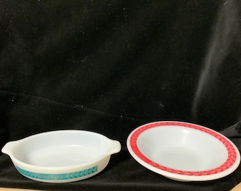 Plato para gratinar vintage PYREX 707-10 Teal Autumn Leaf, tazón para cereales PYREX 707-2 Red Laurel Leaf