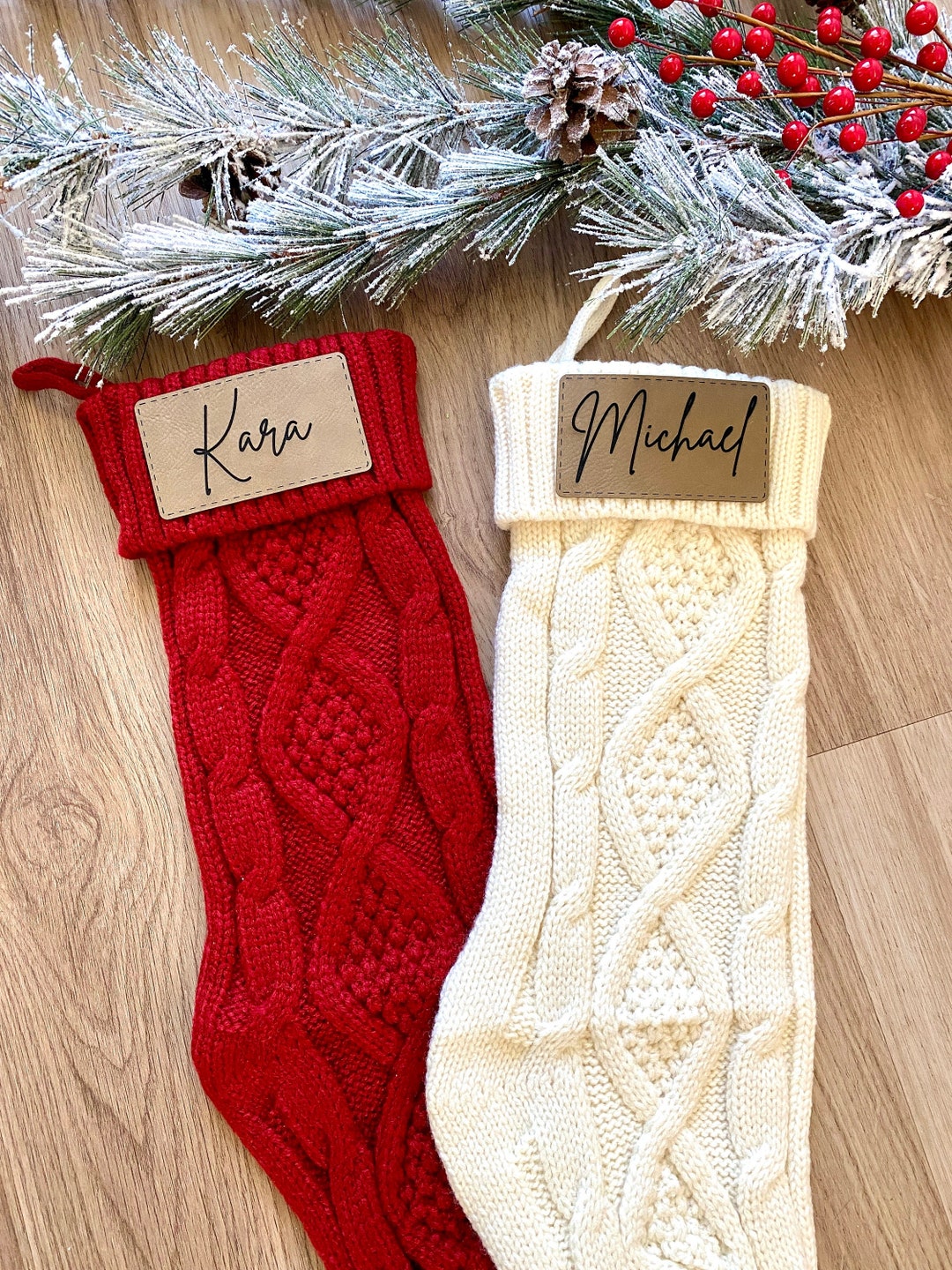 Personalized Cable Knit Christmas Stocking With Leather Patch Etsy