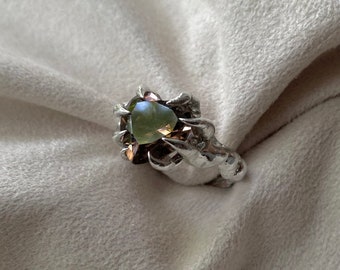 Heart-shaped Ring with Smokey Brown Topaz Handmade Spiky Star Ring Melted Metal Ring Statement ring