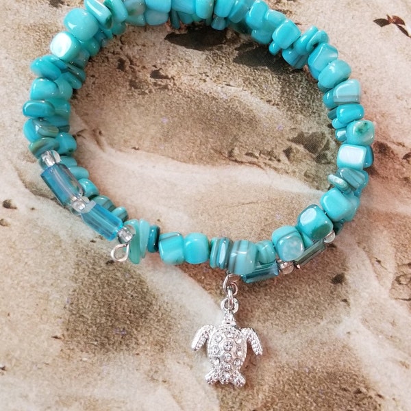 Bracelet, Sea Turtle, Beaded, Shell Bracelet, Wrap, Turquoise