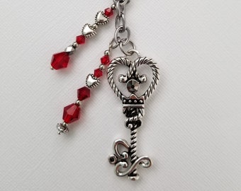 Key Ring, Handbag Charm, Hearts, Red, Silver, Key to My Heart