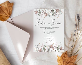 Botanical Wedding Invitation Template, Printable Invitation Card, B001